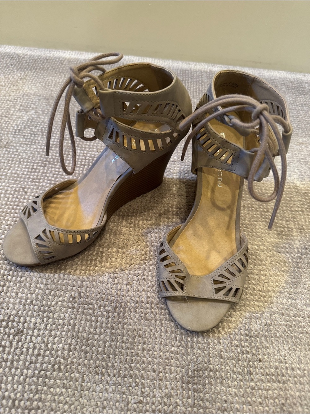 CL by Laundry Taupe Laser-Cut Lace-Up Wedge Sandals